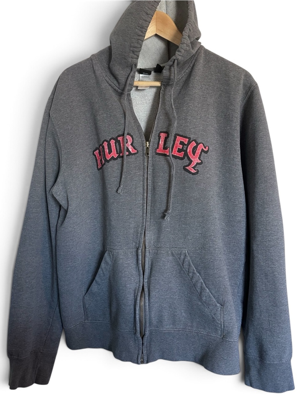 Y2K VTG COMFY Hurley Grey Zip Hoodie Skate Surf Old English Logo XL Cyber Skate